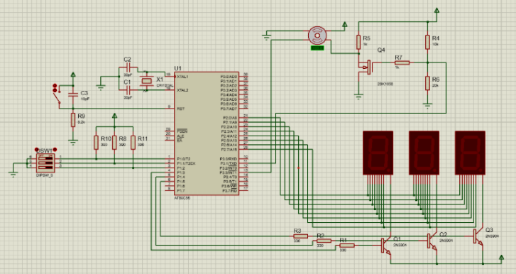 Controller & 3×7-segment schematic — microcontroller, drivers, buzzer/motor, display wiring.