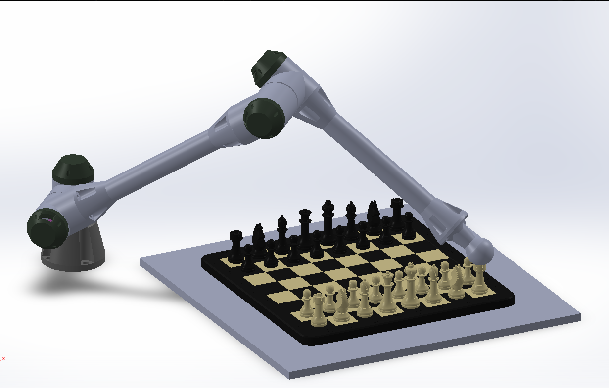 Dual-arm chess robot (CAD render) — two articulated arms over a chessboard.