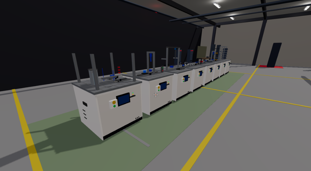 FAULT // FOUND — 3D factory floor simulation view showing Festo stations, concrete pillars, safety lines, and suspended utilities.