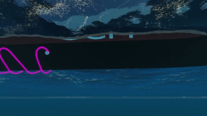 A simulated cleaning pass along a ship's hull — the rover's tracked path drawn behind it as it works its way along the plating.