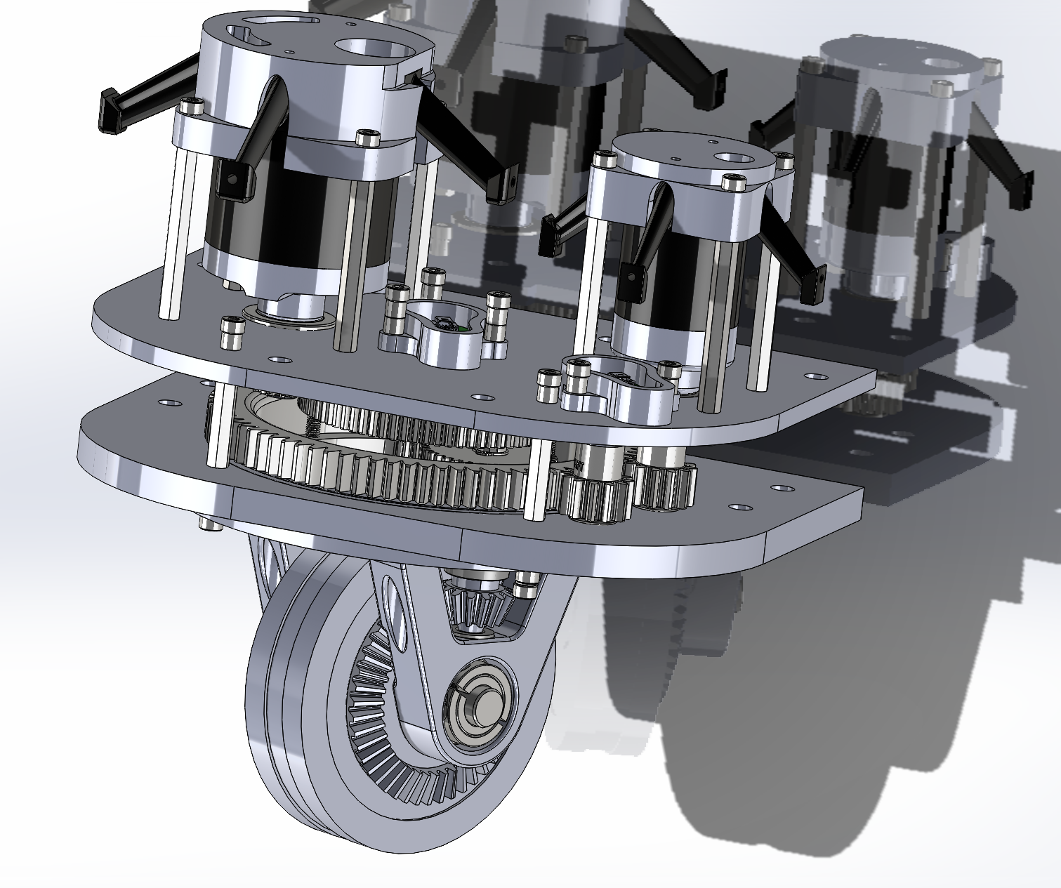 The underwater swerve-drive gearbox — each module steers independently, which is how the rover crawls a curved hull without losing its heading.
