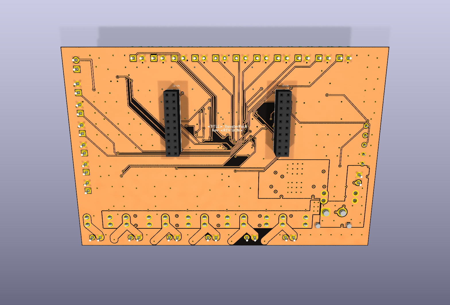 Bottom side — the two 2×10 LaunchPad sockets carry the board; load current never touches them.