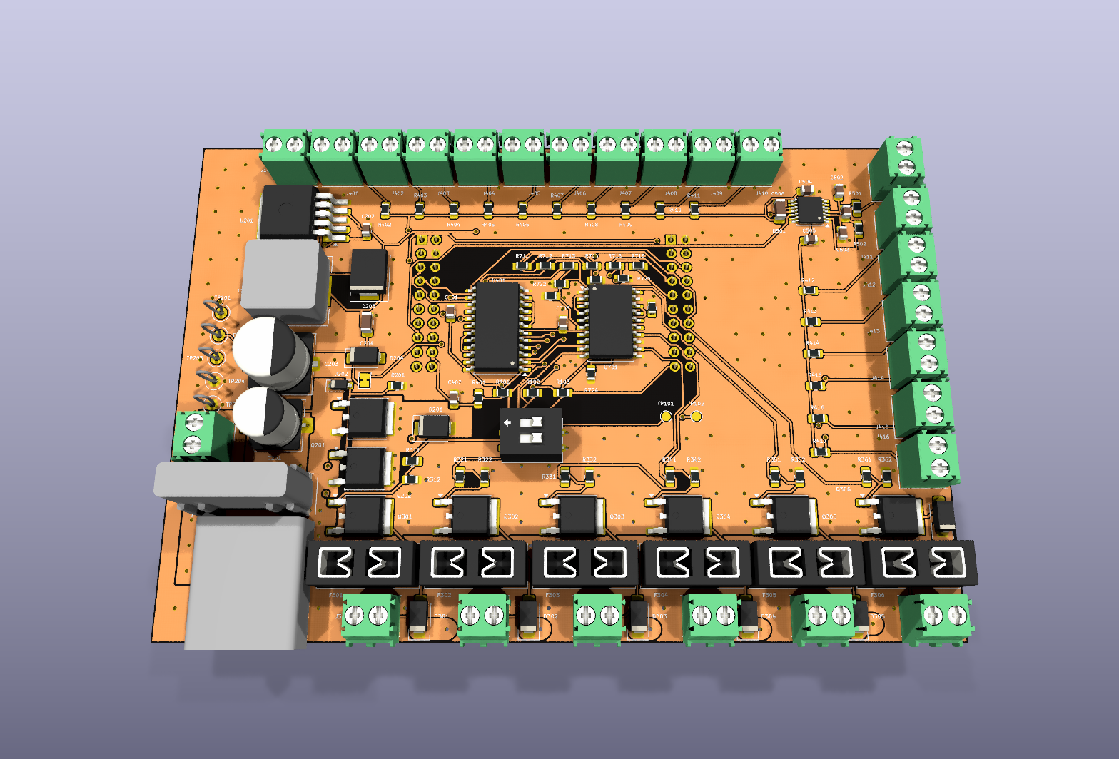 KiCad 3D render of the Thermal Shield Rev C-Lite, top side — six DPAK load-port MOSFETs, blade-fuse bank, screw terminals, and the thermocouple corner.