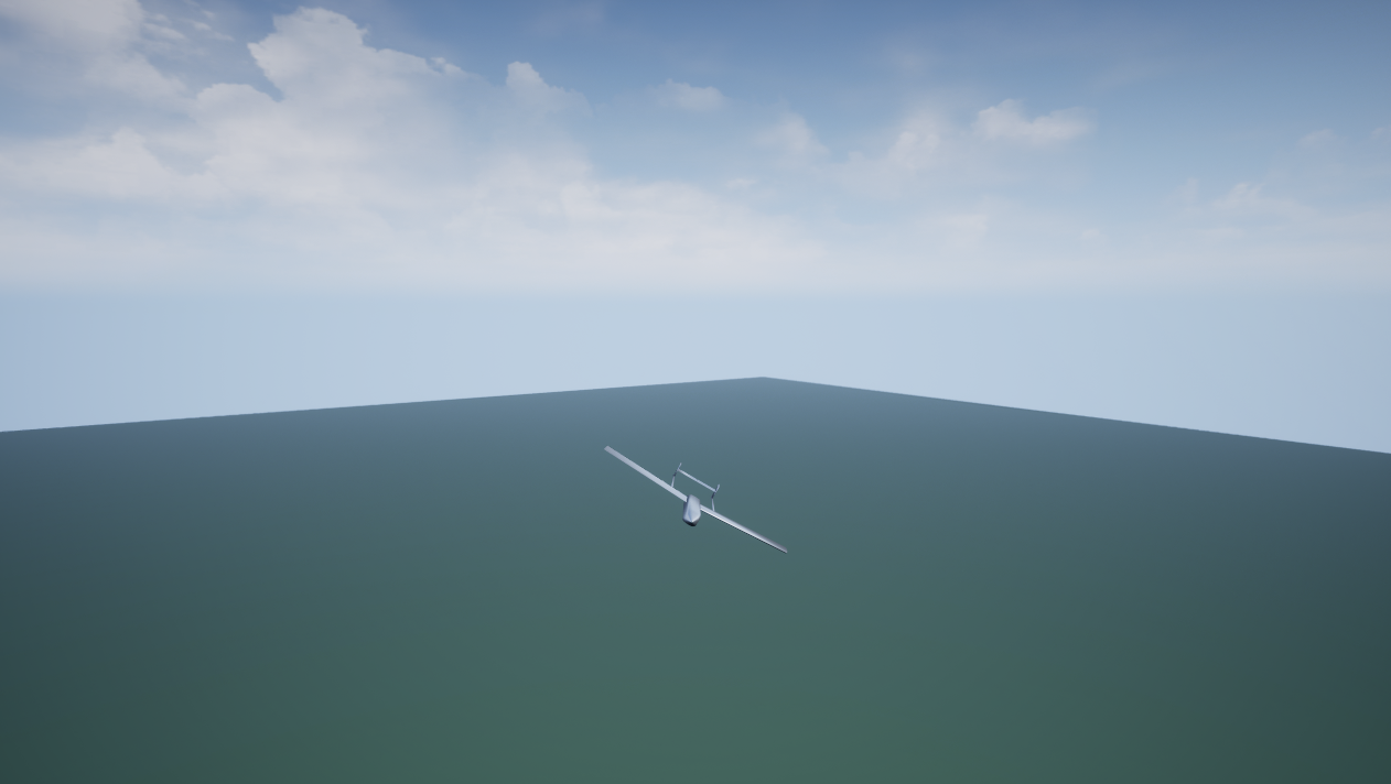 Hugin twin-boom UAV rendered in the embedded Unreal (sim3d) viewer, flown by the MATLAB 6-DOF model.